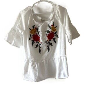 Vintage America Blues Embroidered Blouse with Ruffled Sleeves and Ruffled Hem